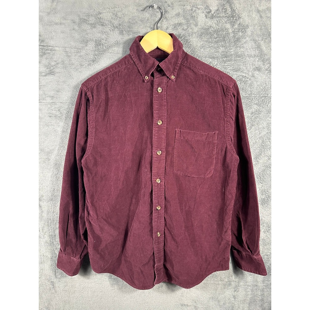 Roundtree & Yorke Mens Small Burgundy Corduroy Button Down Shirt Long Sleeve